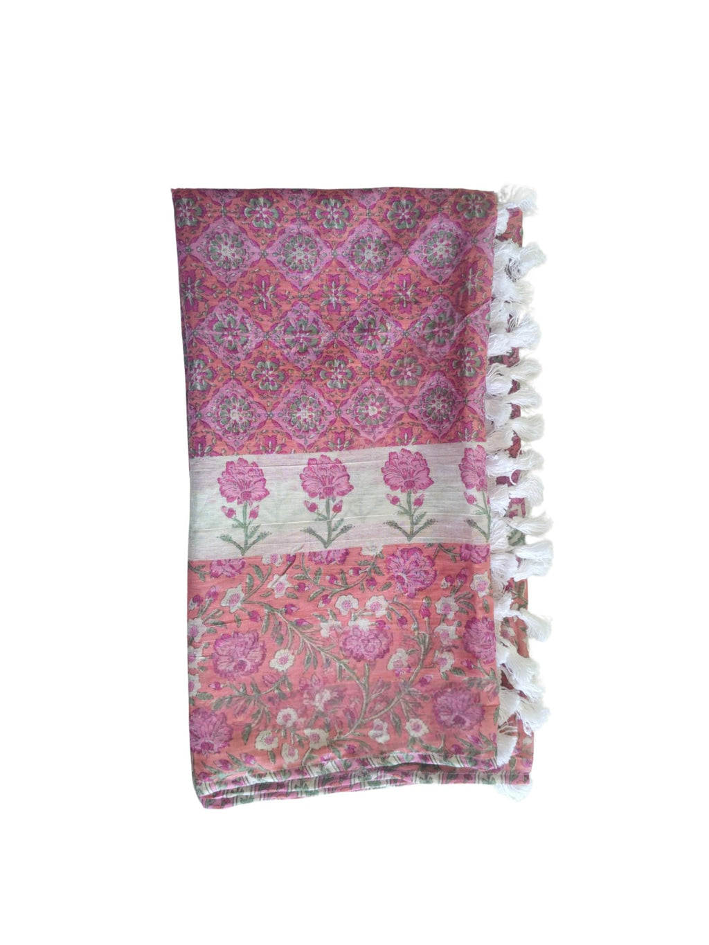 Women's Cotton Scarf, Pink Floral Print, Lightweight with Fringe Detail