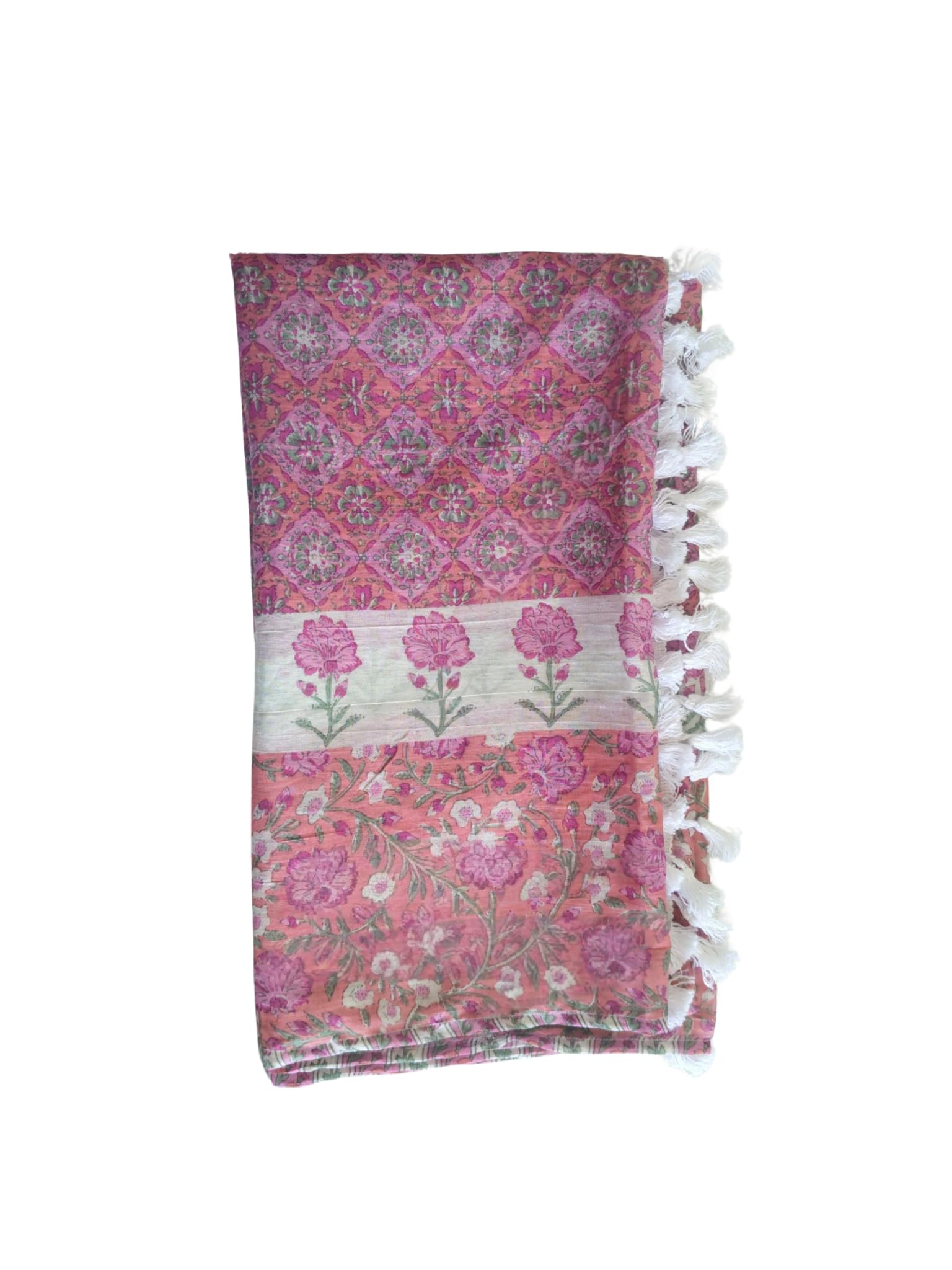 Women's Cotton Scarf, Pink Floral Print, Lightweight with Fringe Detail
