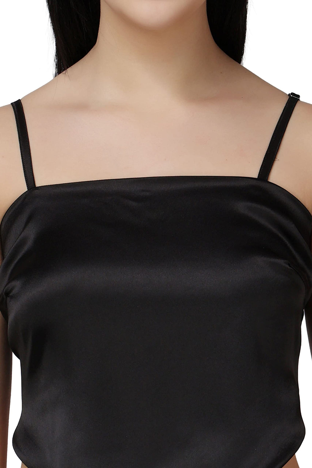 Popwings Women Casual Black Satin Scarf Knot Solid Crop Top