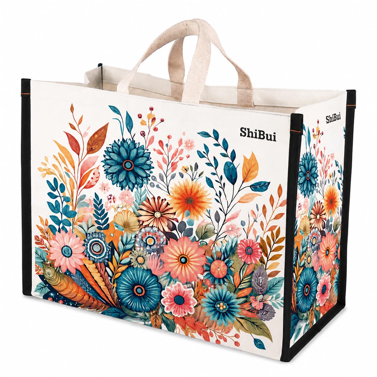 SHIBUI Floral Print Heavy Duty Cotton Canvas Grocery Shopping Bag | Waterproof Reusable Jhola Tote for Vegetables, Fruits, Milk & Lunch Box | Eco-Friendly Hand Carry Bag for Men & Women.