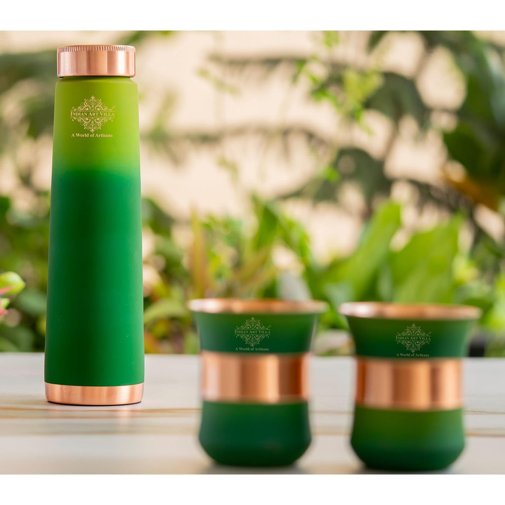 INDIAN ART VILLA Copper Bottle & Glass Gift Set - 800 ml Water Bottle & 2 Glasses (300 ml Each) - Green Pyramid Ombre Silk Finish, Perfect for Gifting & Everyday Use