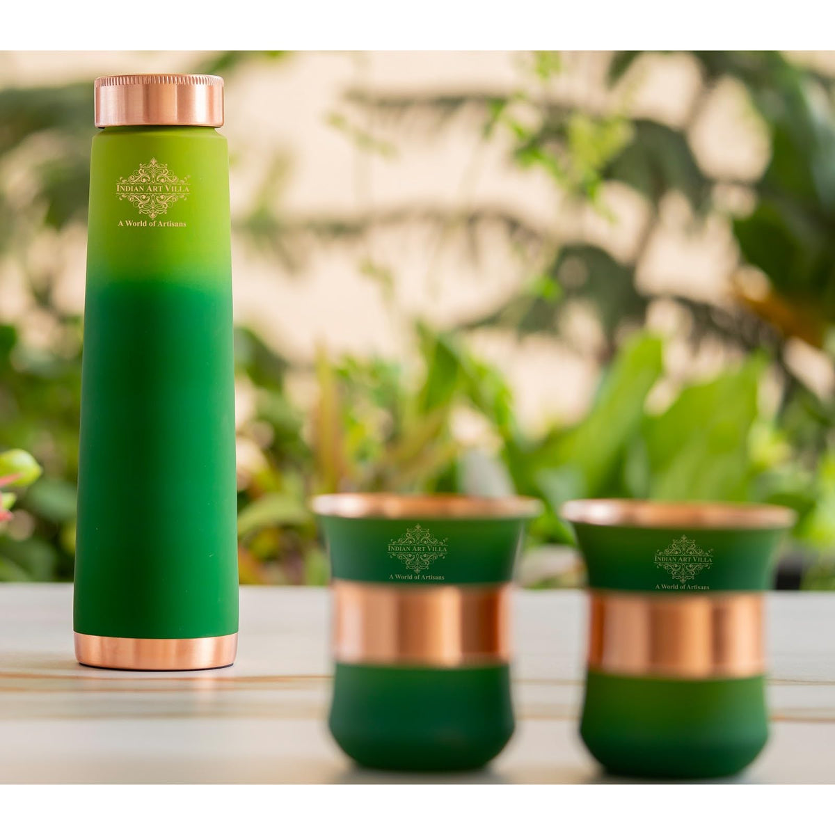 INDIAN ART VILLA Copper Bottle & Glass Gift Set - 800 ml Water Bottle & 2 Glasses (300 ml Each) - Green Pyramid Ombre Silk Finish, Perfect for Gifting & Everyday Use