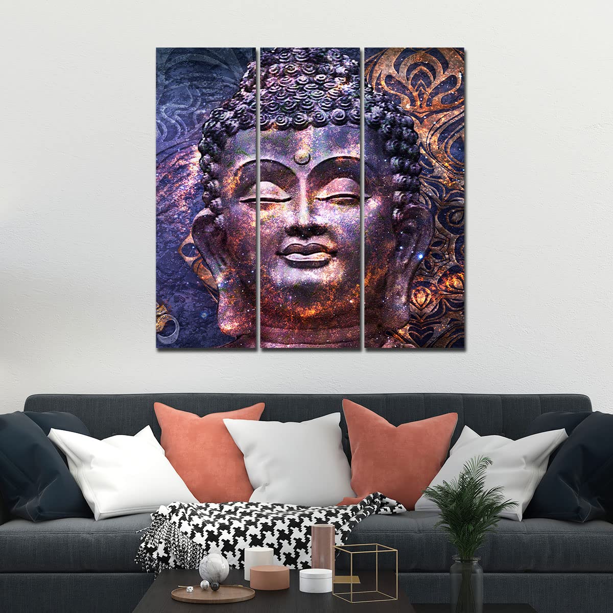 VIBECRAFTS 3 Pieces Peaceful Buddha Face Canvas Wall Painting Fitted With Wooden Frame For Home | Office | Living Room | Gifts (PTVC3Pcs1_9592)