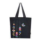SKAPADORO Canvas Big Zip Handbag Tote,100% Cotton, Inner pocket, Unisex Embroidered Comfortable Bag for Travel Office Beach Shopping, Easy to Wash Trendy Everyday Shoulder Bag (Floral Black)