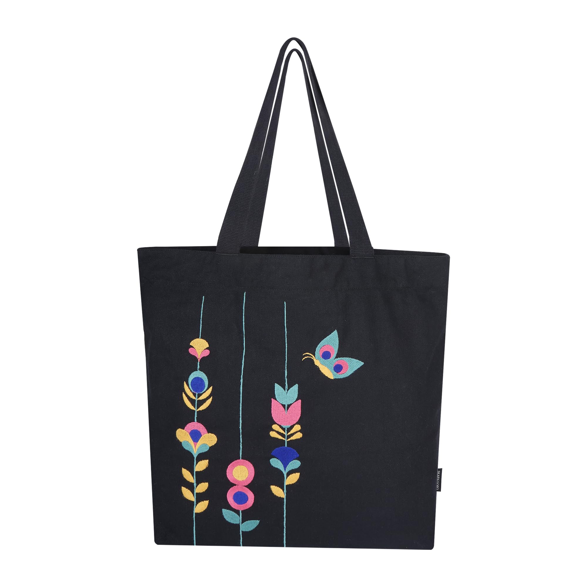 SKAPADORO Canvas Big Zip Handbag Tote,100% Cotton, Inner pocket, Unisex Embroidered Comfortable Bag for Travel Office Beach Shopping, Easy to Wash Trendy Everyday Shoulder Bag (Floral Black)