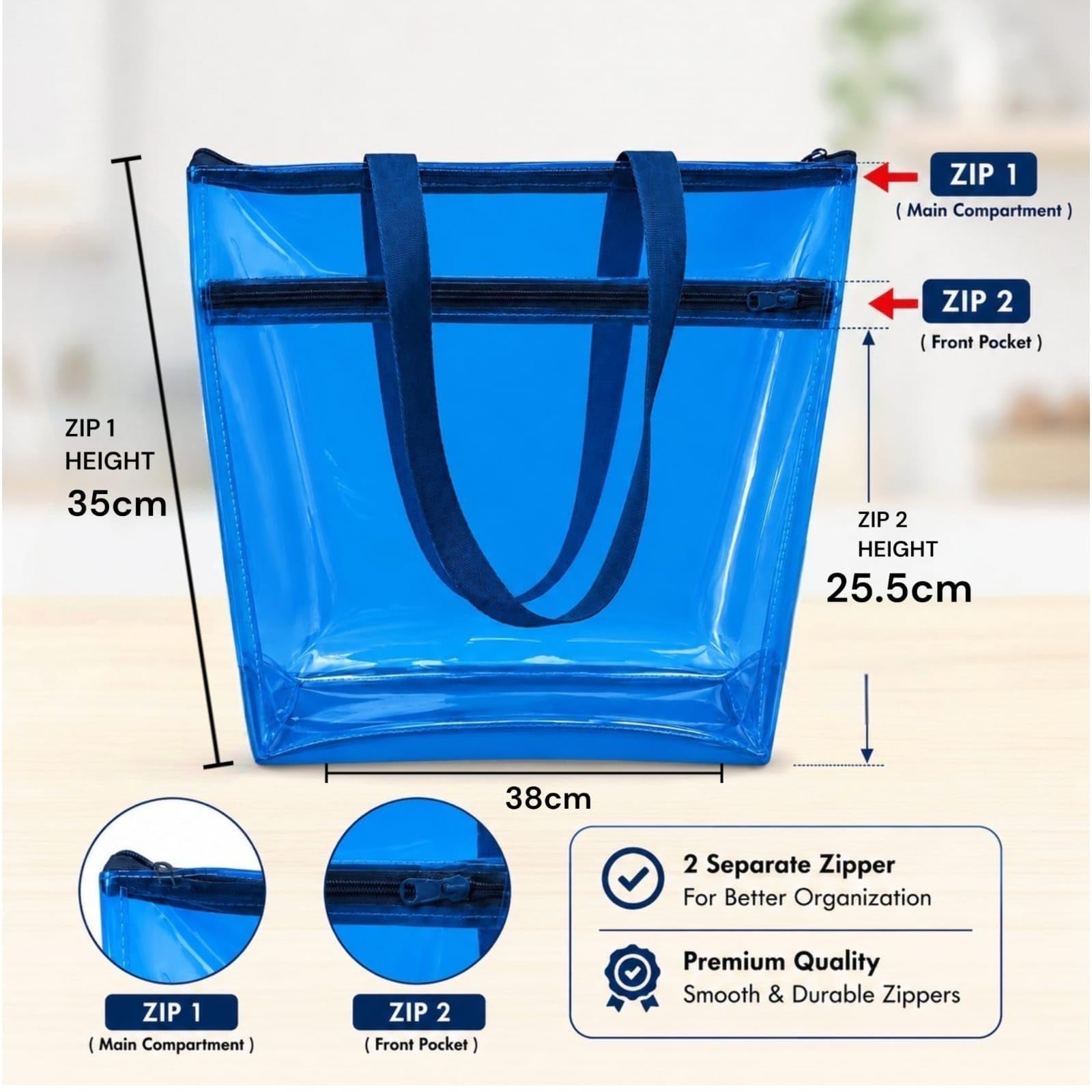 TERA 13 Transparent Tote Bag For Women & Girls, Clean PVC Shoulder Handbag, Waterproof Reusable Shopping Bag, Beach Bag, Travel Tote,Large Capacity Zipper Closure, Everyday Carry Bag (1 Pcs)