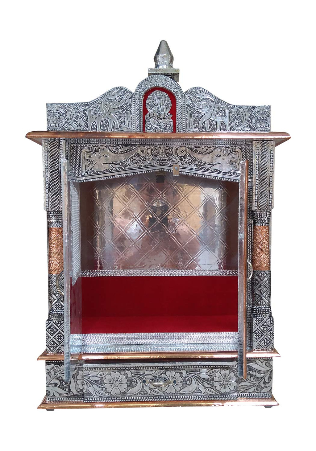 Genaric Vd-Starâ Handcrafted Designs Wooden Mandir With Aluminium & Copper Oxidized Temple Home Temple/ Mandir Office Pooja Mandir Silver & Bronze (Size: 24X 6X 15 Inch)