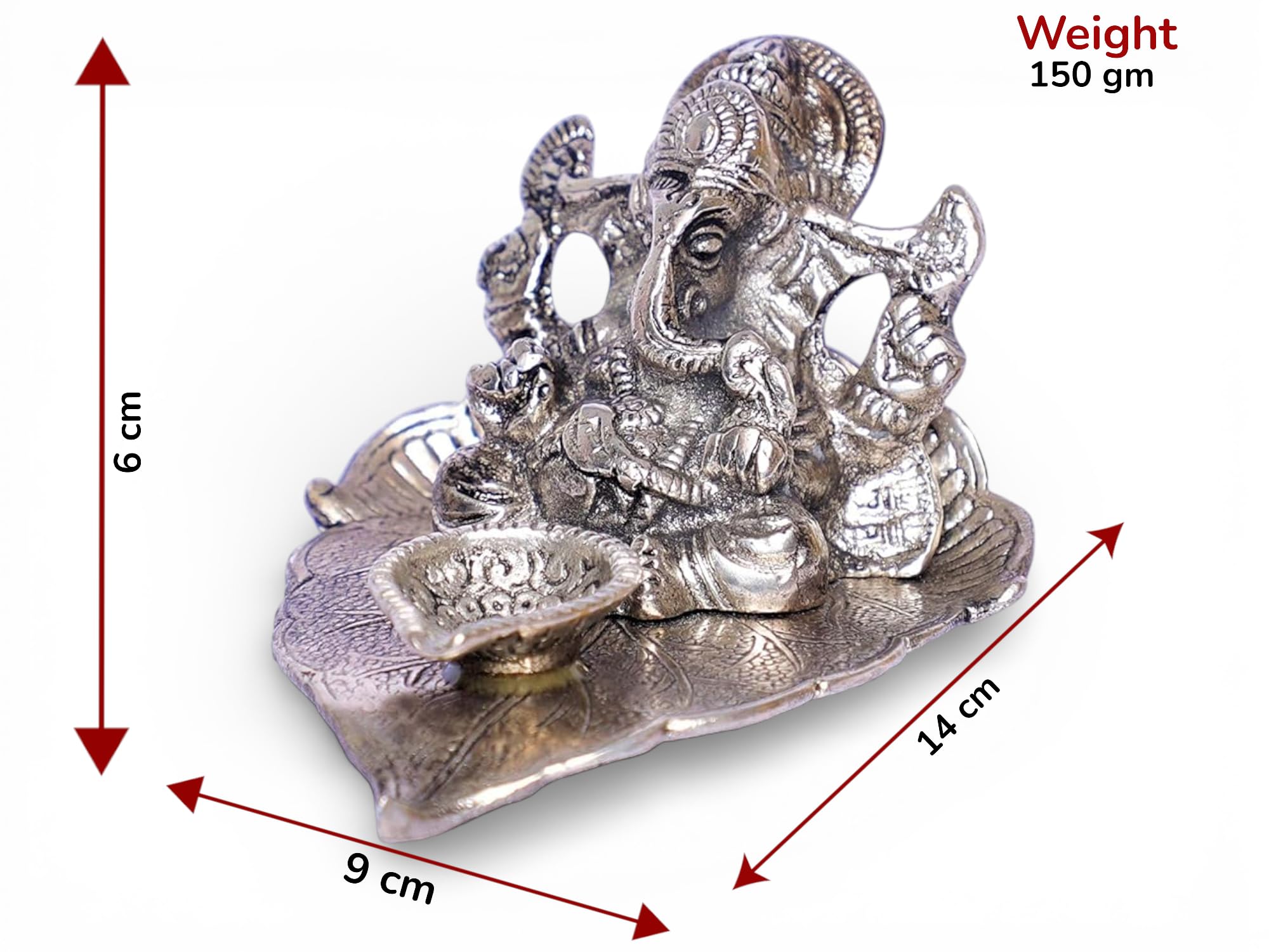 KridayKraft Ganesh Idol with Diya on Leaf, Metal Silver Finish Ganpati Murti for Home Decor, Pooja Room & Office Desk, Ganesha Statue for Diwali, Housewarming & Wedding Gift, 12 x 12 x 8 cm