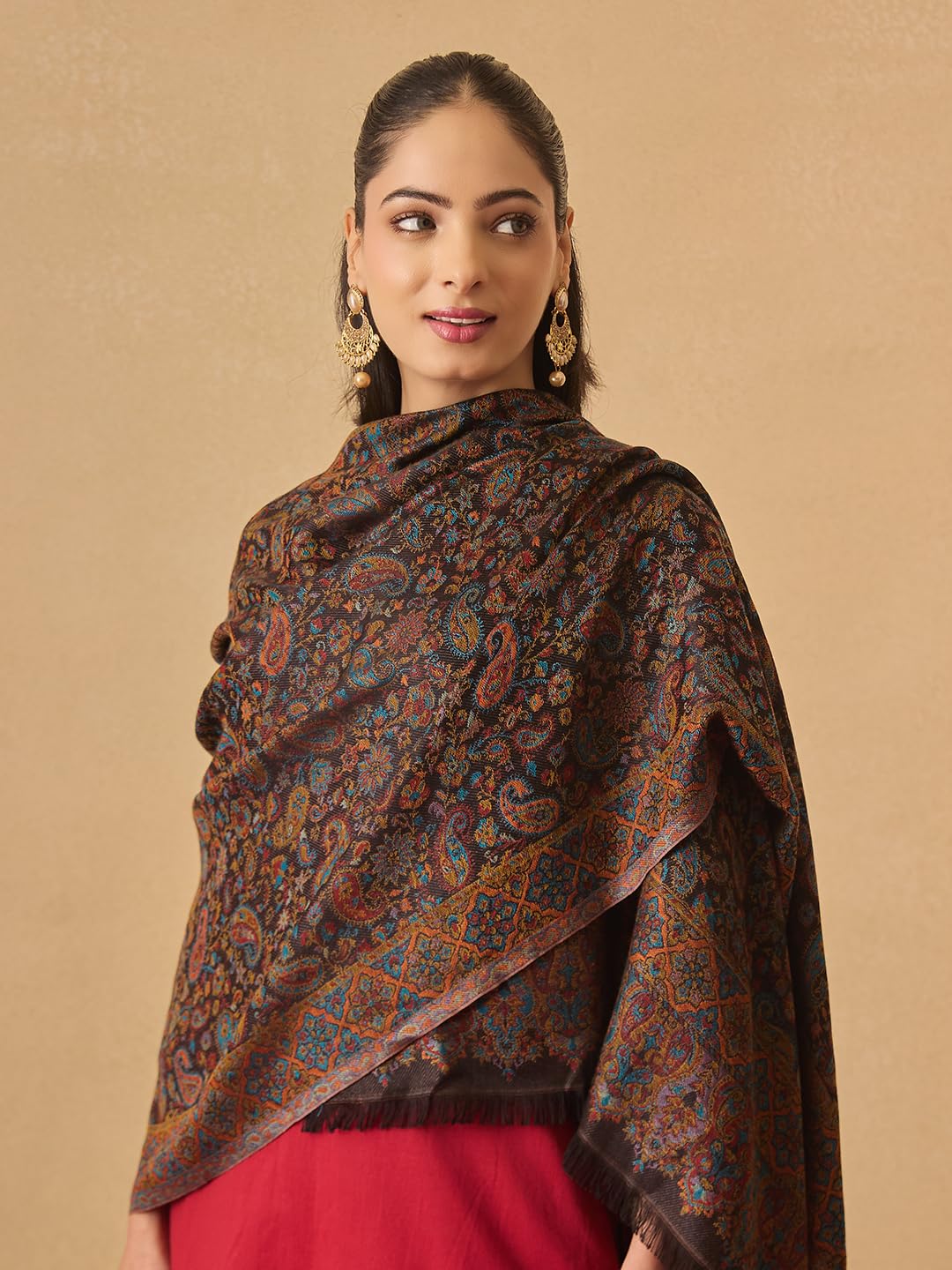 Pashmoda Women Chandni Kaani Stole, Authentic Kashmiri Luxury Pashmina Style Shawl, Stole, (Size 28x80 Inches, Black Color) MAVST07