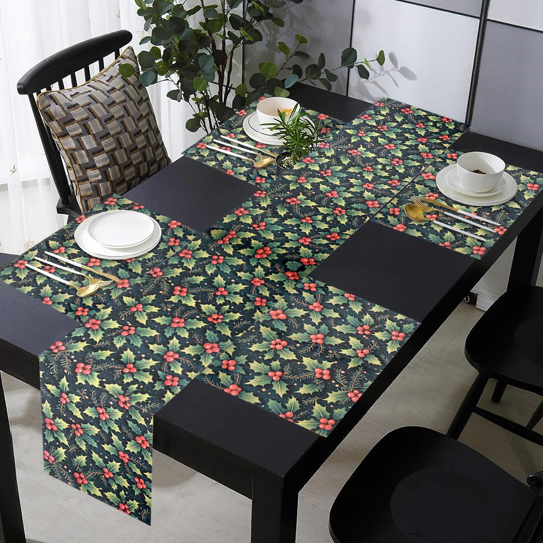 PRAKARTIK BY INDUARTS Dining Table Mats Set of 4 with 135 cm Runner - Cherry Christmas Leaves Theme,Digital Print, Washable, Indoor/Outdoor, Heat-Proof, Wipe & Clean (47X33 cm) Red & Green Kafalo