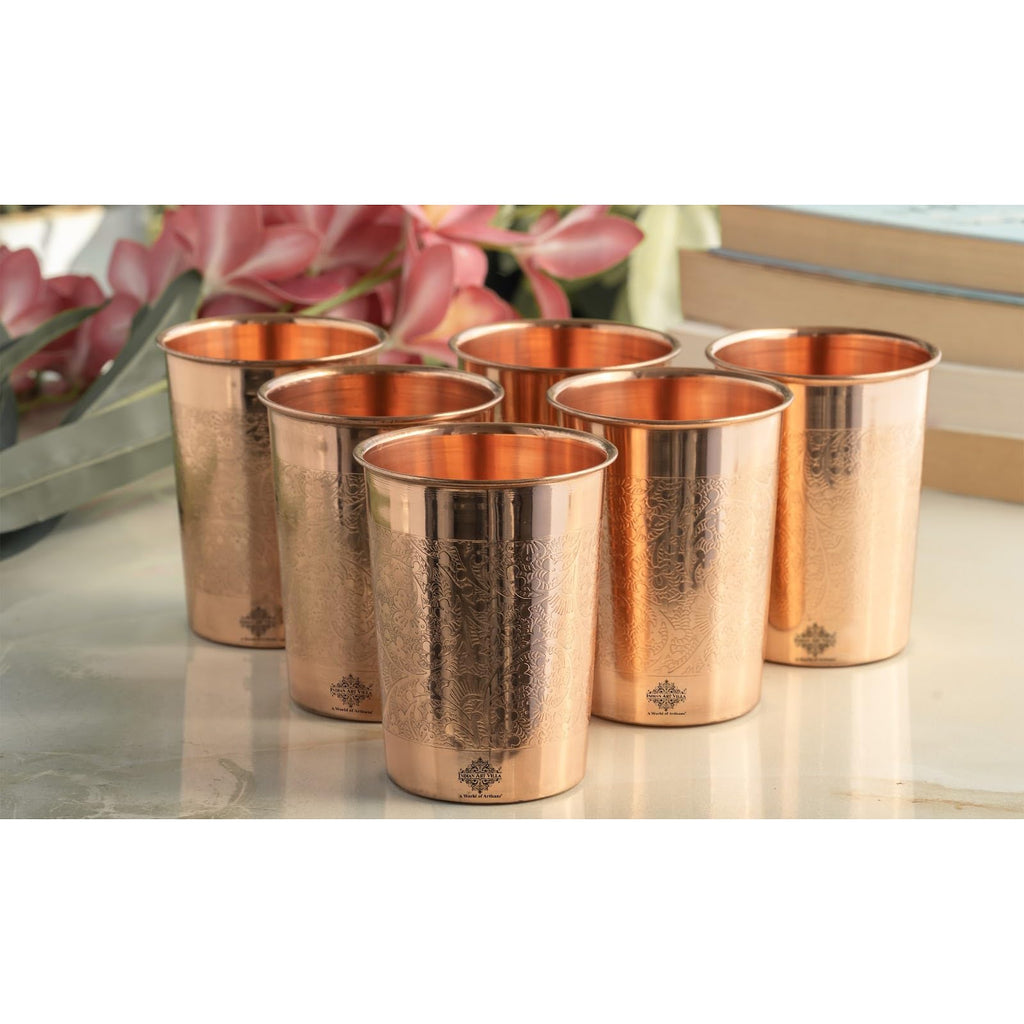 INDIAN ART VILLA Pure Copper Embossed Design Glass - 275 ML, Copper Tumbler for Water Drinking, Elegant Drinkware & Serveware, Perfect for Gifting, Home, and Festive Décor, Set of 6