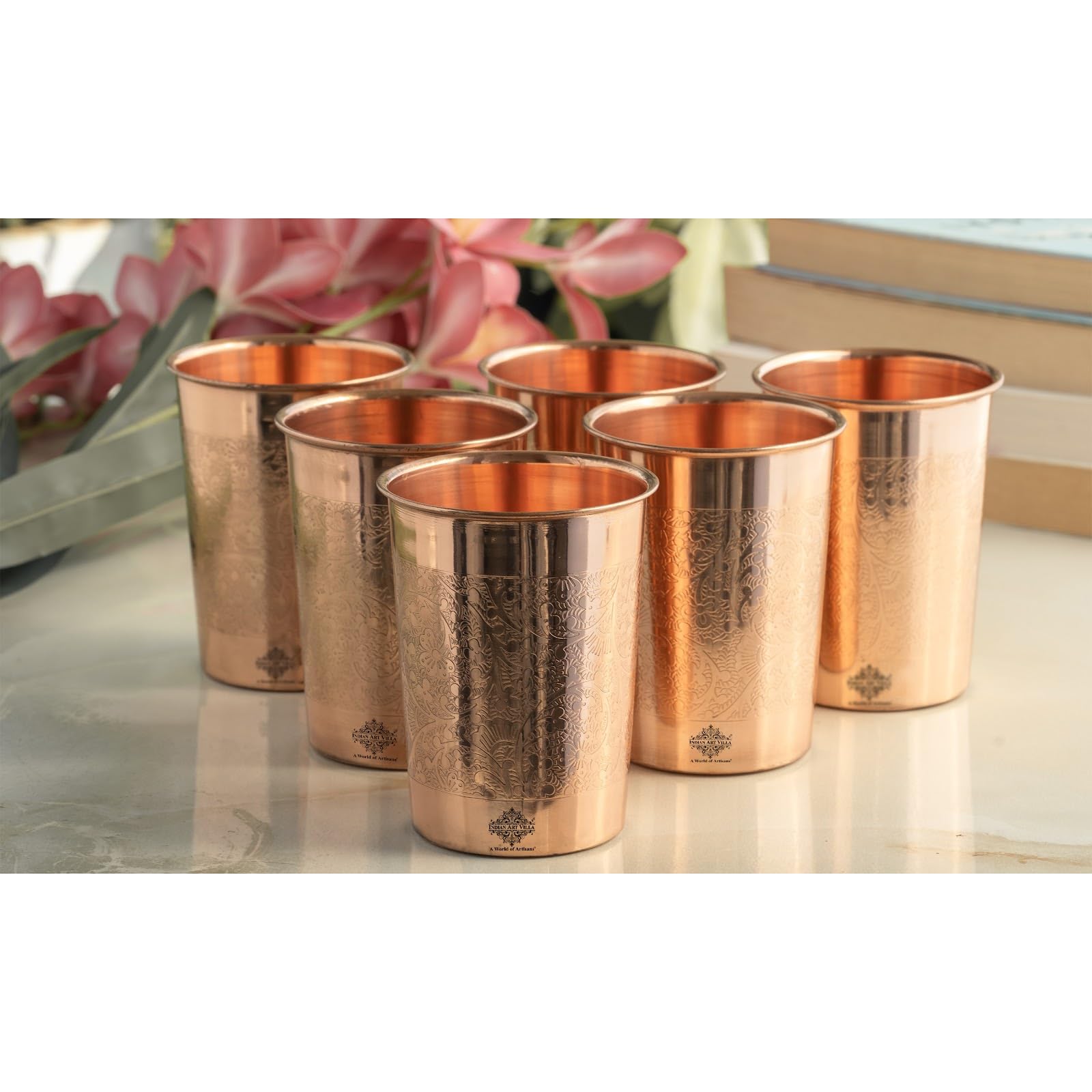 INDIAN ART VILLA Pure Copper Embossed Design Glass - 275 ML, Copper Tumbler for Water Drinking, Elegant Drinkware & Serveware, Perfect for Gifting, Home, and Festive Décor, Set of 6