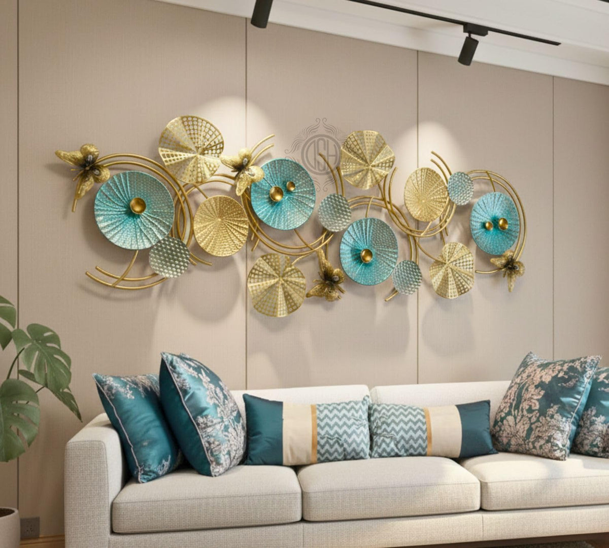 DSH CRAFTING YOUR CURIOSITY Metal Wall Art Lotus Leaves Wall Hanging Wall Decor Sculpture (46 X 17 Inch) For Home Hotel Restauran Decoration (16-BUTTERFLY-BLUgold)