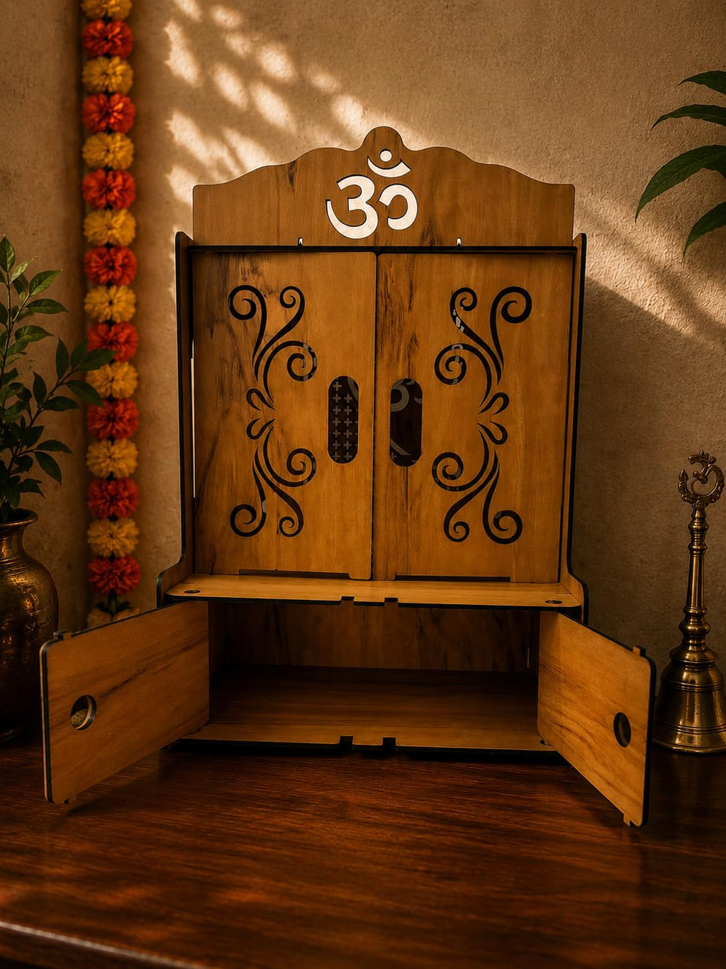 EXPRO Wooden Pooja Mandir with OMWITHPLUS Cut Decorative with Door Engineered Wood Home Temple