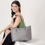 Fastrack Pebble Play Laptop Tote | Grey Faux-Leather Tote Bag for Women | 15-Inch Laptop Compatible | Gunmetal Hardware Finish with Double Handles, Zipper Closure & Organised Storage