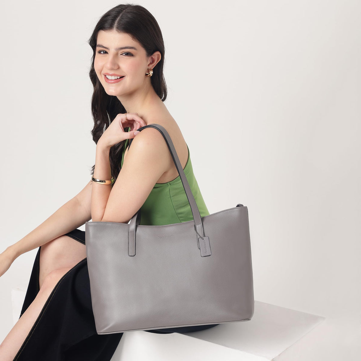 Fastrack Pebble Play Laptop Tote | Grey Faux-Leather Tote Bag for Women | 15-Inch Laptop Compatible | Gunmetal Hardware Finish with Double Handles, Zipper Closure & Organised Storage