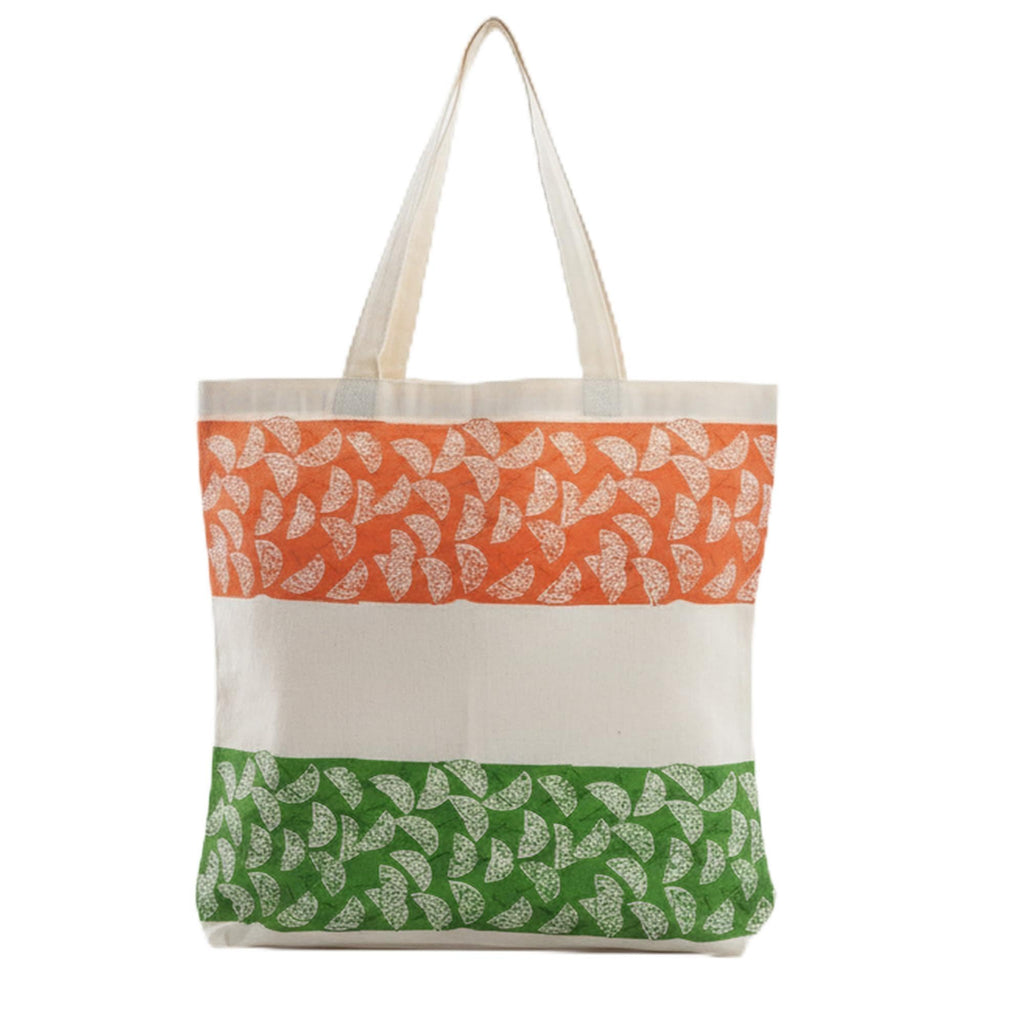 INDHA Hand Block Printed Cotton Markin Shopping Bag (16 x 16 Inches) | Tri Colours Umbrella Print Design Reusable Eco-Friendly Grocery Bag | Single Unit Carry Bag
