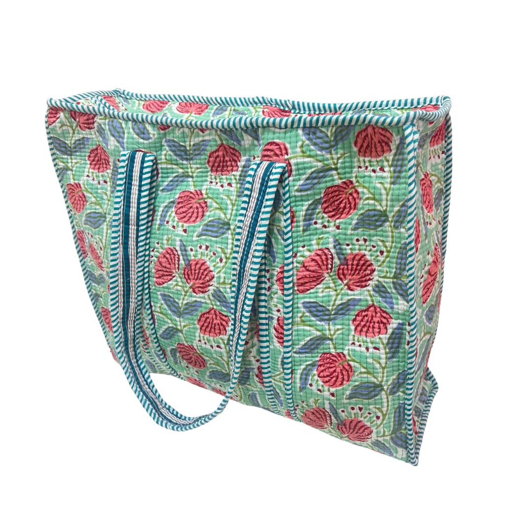 Bazaar Bhoot Edition Premium Cotton Quilted Shopping Tote Bag - Multipurpose Long Lasting Foldable Reusable Bag with zipper for Shopping, Travel & Daily Use - Made in India (Floral Green)