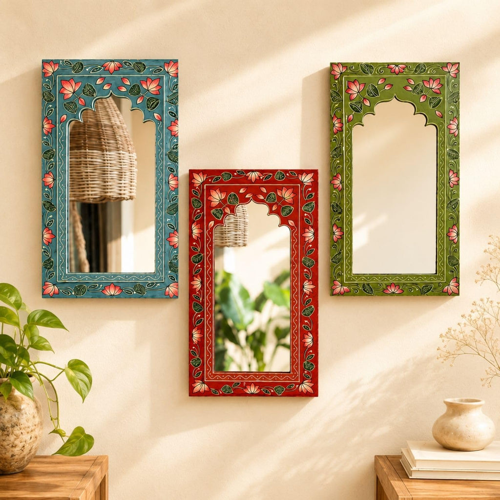 ATRANGI STUDIO Multicolour Handpainted Wooden Mirror (Set of 3) | Handcrafted Arch Design with Floral Motifs | Rajasthani Jharokha Style Mirror | Framed Wall Hanging for Home, Bedroom | 18x9.5 Inch