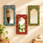 ATRANGI STUDIO Multicolour Handpainted Wooden Mirror (Set of 3) | Handcrafted Arch Design with Floral Motifs | Rajasthani Jharokha Style Mirror | Framed Wall Hanging for Home, Bedroom | 18x9.5 Inch