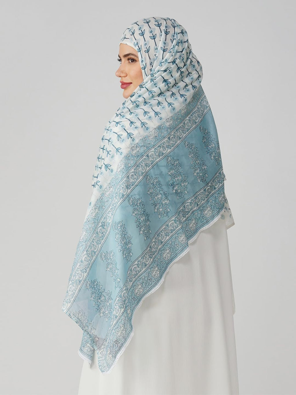 ANAApparels ANA Amal Blue Floral Dupatta | 88 x 43 Inches – Premium Mulmul Cotton | Lace Border | Lightweight, Soft & Breathable