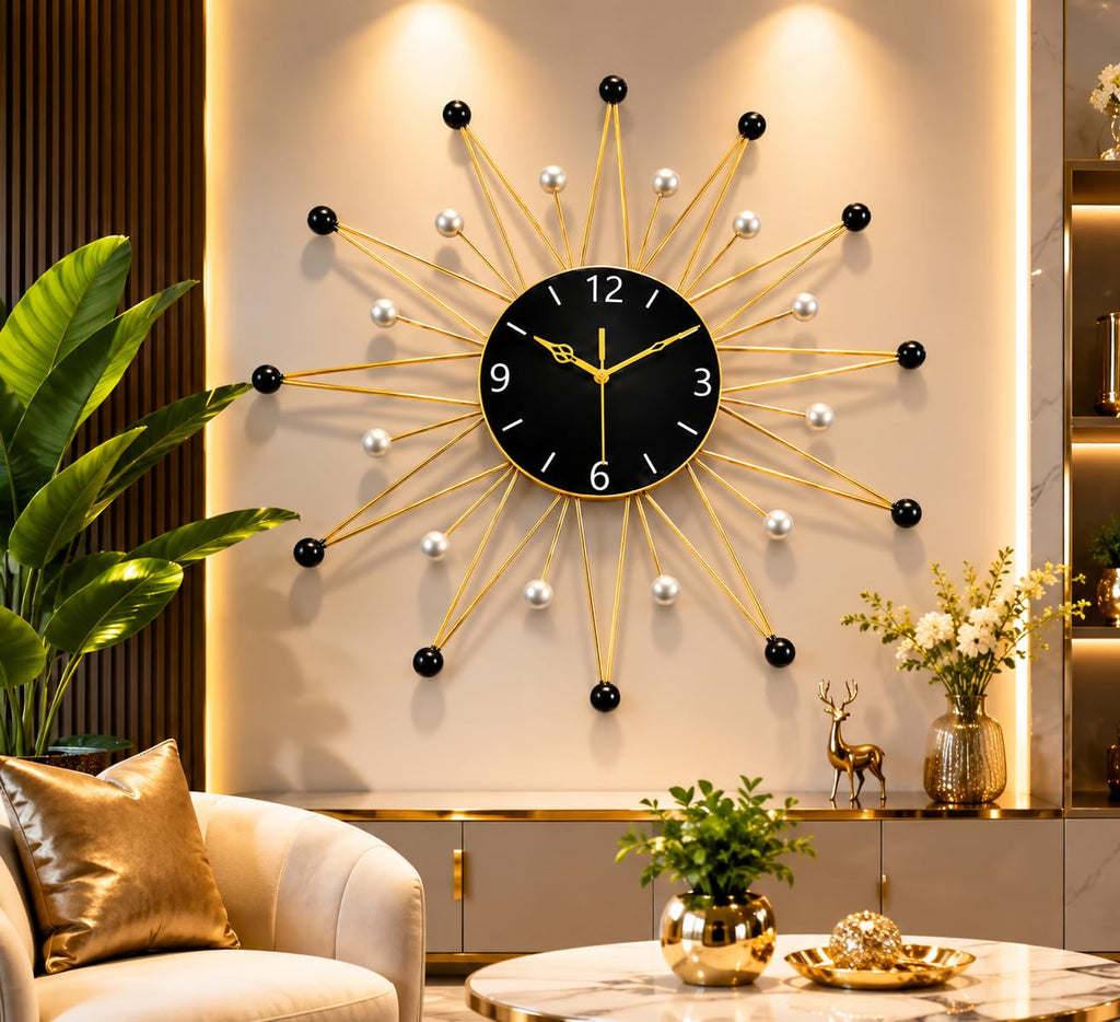 Mahira Artefacts Luxury Metal Wall Clock 21 Inch, Silent Non-Ticking Modern Sunburst Wall Clock, Gold Black Decorative Wall Clock for Living Room, Bedroom, Office, Home Decor