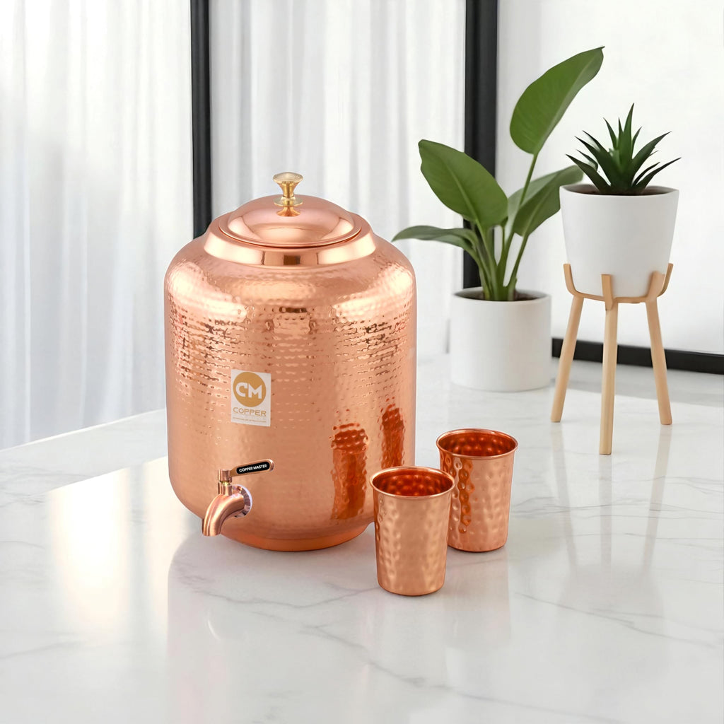 Copper-Master 8 Litre Hammered Copper Water Dispenser (Matka) Container Pot with 2 Pure Copper Glasses with Pure Copper and Ayurvedic Health Benefits (8000 ml + 600 ml)