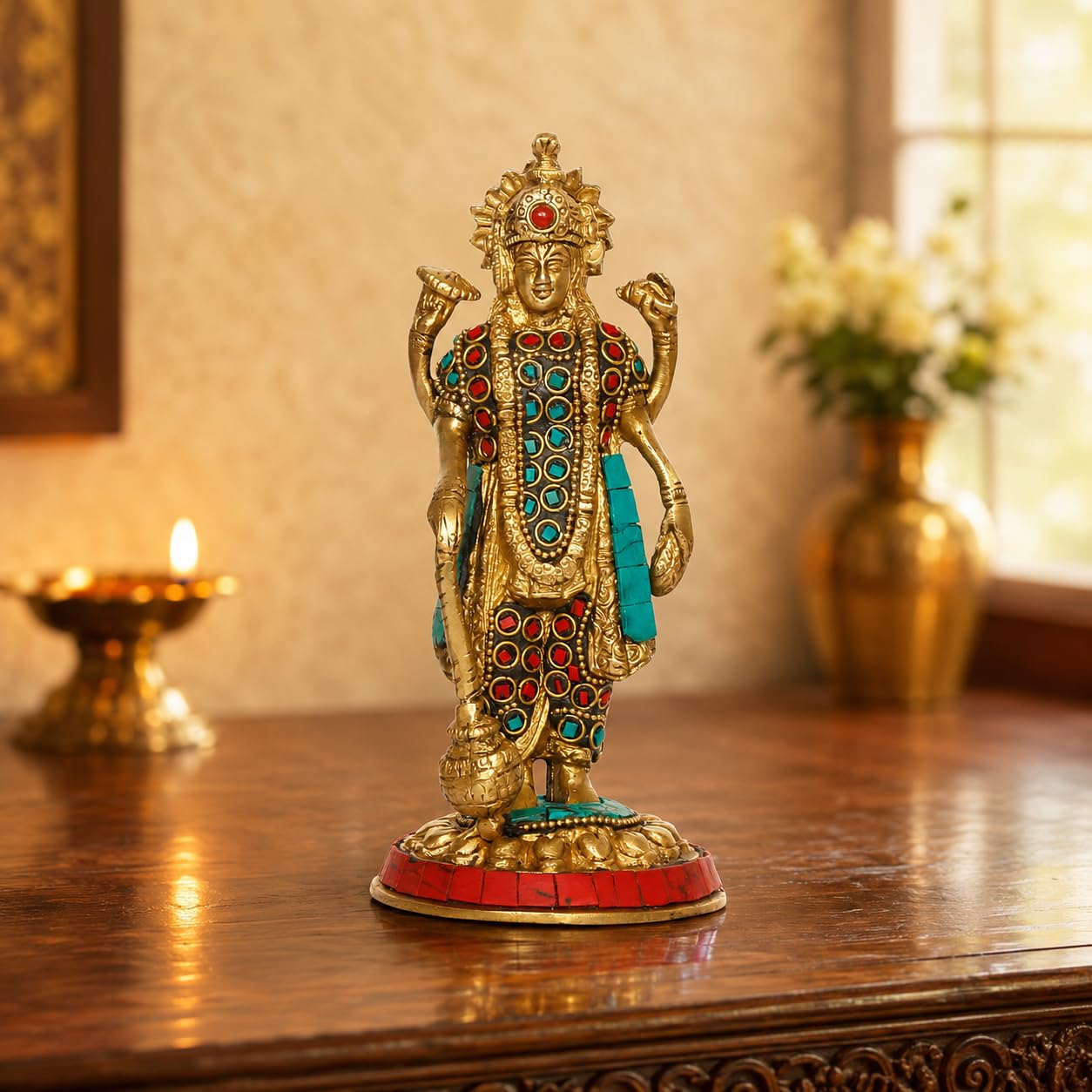 ARTVARKO Brass Narayana Murti for Home Puja Handmade Standing Vishnu Idol Showpiece Figurine Height 7.5 Inches