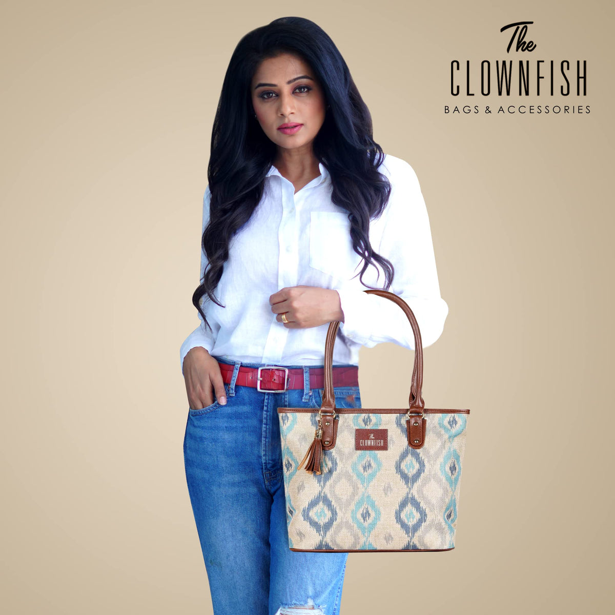 The Clownfish Percy Printed Handicraft Fabric Handbag for Women Office Bag Ladies Shoulder Bag Tote for Women College Girls (Pearl with Patola Design)