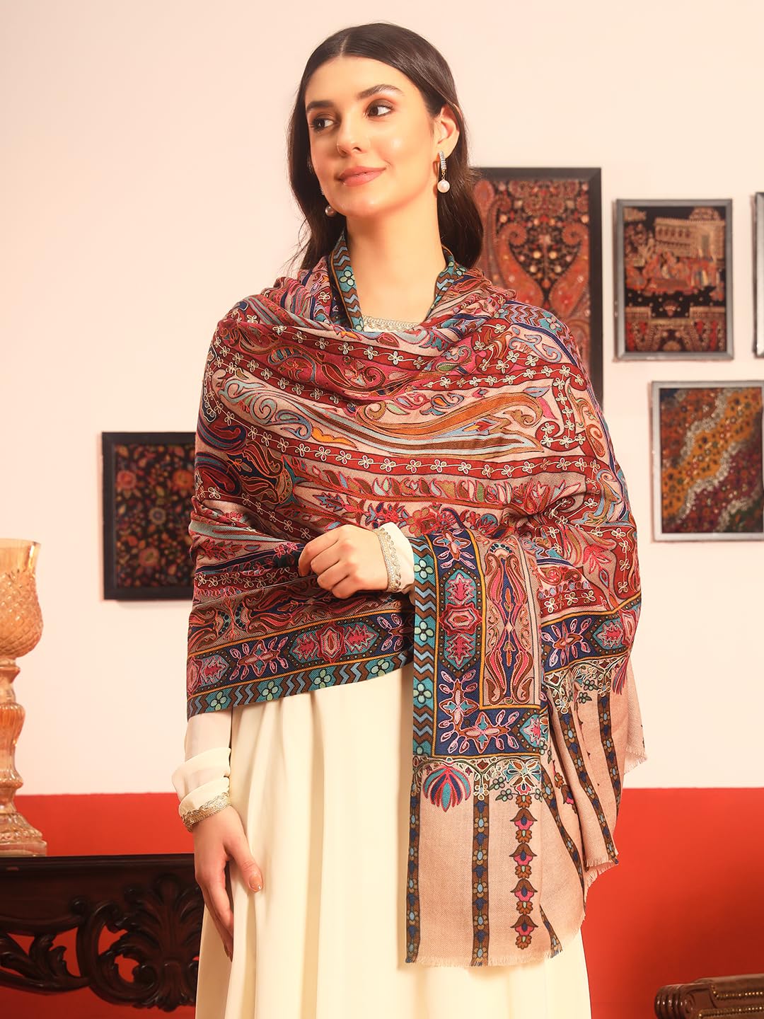 Pashmoda Women Rangrez Rangkalam 100% Pure Wool Fabric Kalamkari Embroidered Shawl (Size: 40x80in, 101x203cm) KAS23