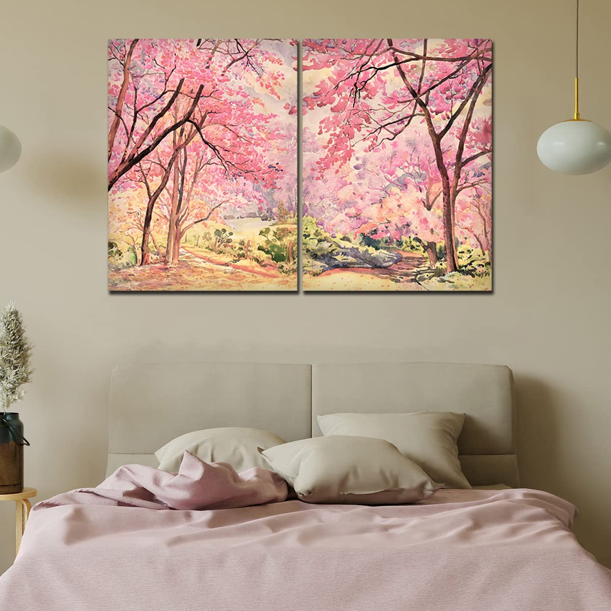 VIBECRAFTS Pink Flower Trees Nature Forest 2 Pieces Canvas Wall Painting Fitted With Wooden Frame For Home | Office | Living Room | Gifts(PTVC2Pcs1_17505)