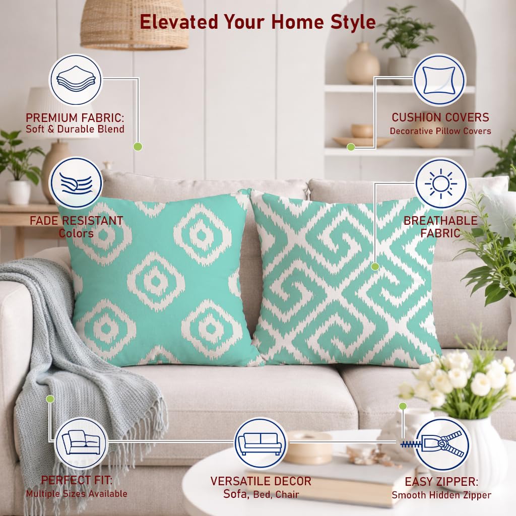 STITCHNEST Set of 2 Polycotton Cushion Covers – 24x24 Inches – Teal & White Ikat Geometric Print – Elegant Cushion Covers for Sofa & Living Room | Perfect for Home Decor
