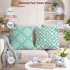 STITCHNEST Set of 2 Polycotton Cushion Covers – 24x24 Inches – Teal & White Ikat Geometric Print – Elegant Cushion Covers for Sofa & Living Room | Perfect for Home Decor