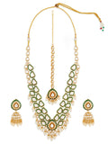 ZAVERI PEARLS Green Meenakari Dazzling Stones Beads Bridal Necklace Earring & Maangtikka Set For Women-ZPFK18886