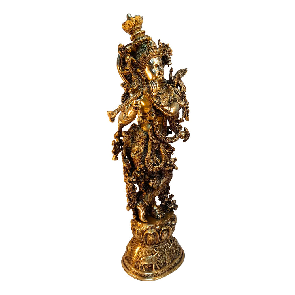Svarup Brass Krishna Bhagwan Idol Murli Kishan Murti Playing Bansuri Gift for Home Mandir Decor Marriage Height 29 Inch Weight 16 Kg Antique Gold