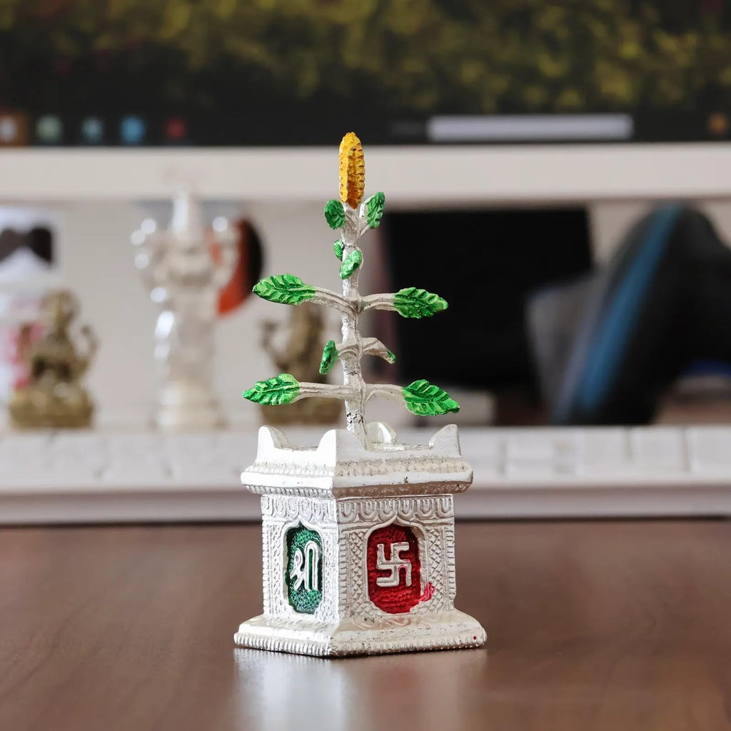KridayKraft Spiritual Graceful Tulsi Plant Artifical Decorative Showpiece Figurine for Pooja Room, Home Temple, Office & Gifting Accent for Pooja Room, Symbol of Positivity & for Gifting (Silver)