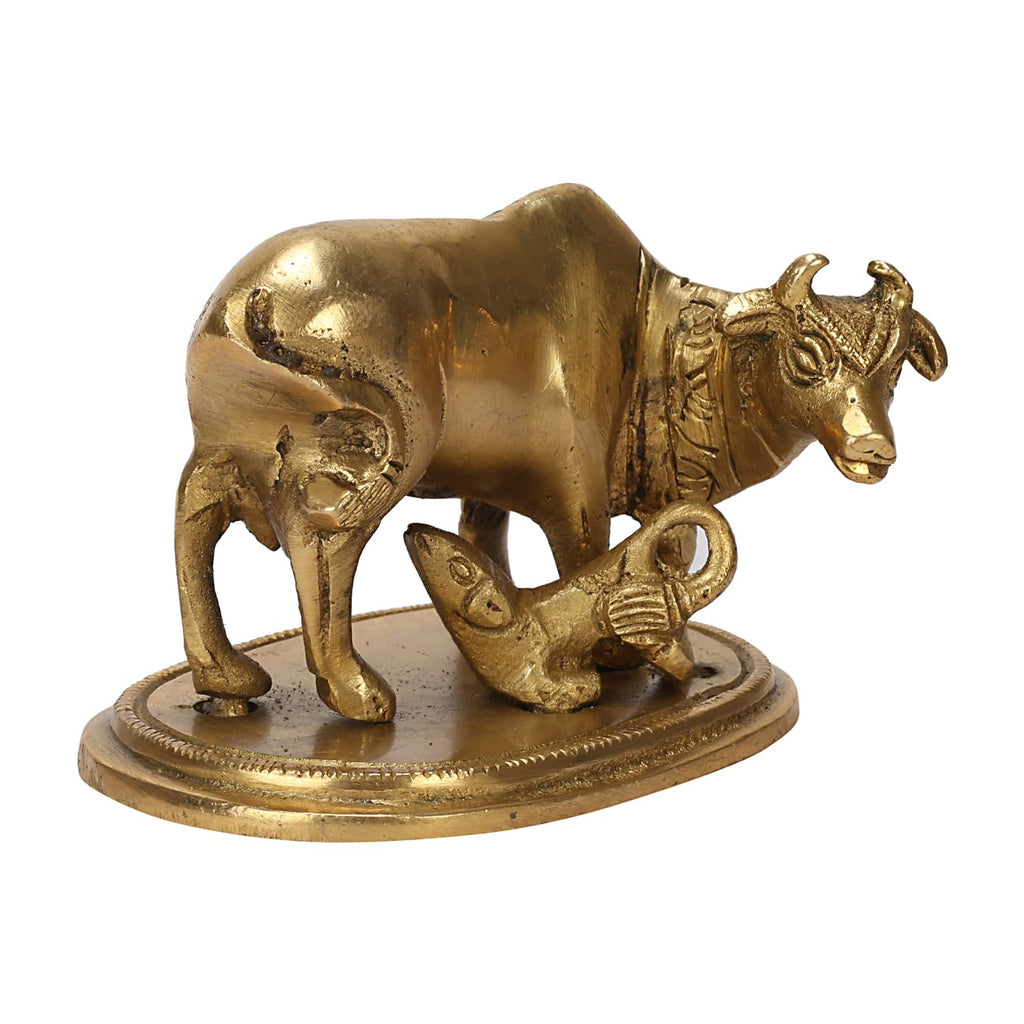 ARTVARKO Brass Kamdhenu Cow and Calf, Vastu Gau MATA Idol, Vastu Nandi Religious Showpiece, Temple Puja Home Décor 3 Inch