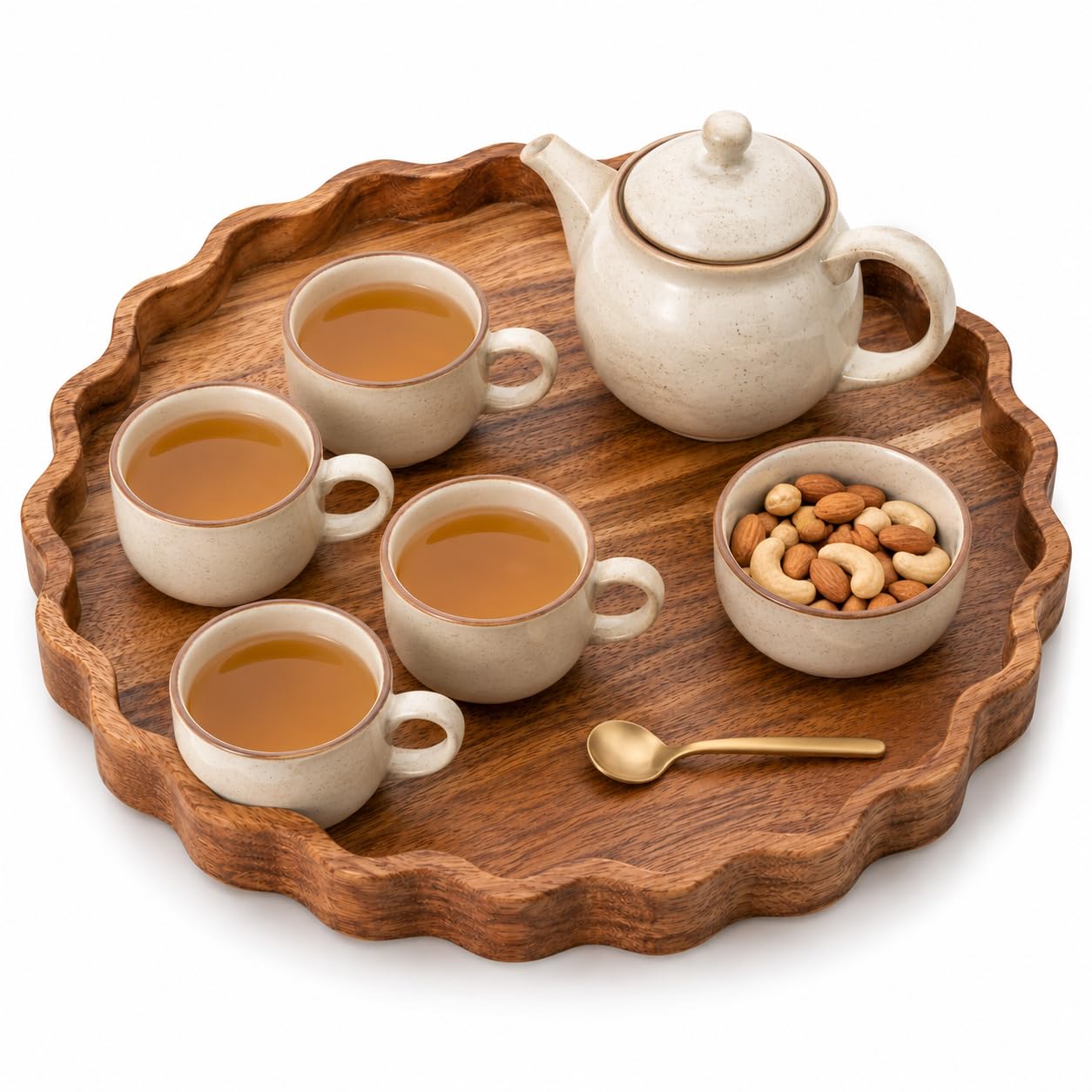 BAUZINI Round Wooden Serving Tray, 11 Inch Acacia Wood Decorative Platter, Handmade Wooden Tray for Tea, Coffee Table, Kitchen, Dining Table, Ottoman, Breakfast & Home Decor