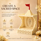 GREECHO Decorative Acrylic Mini Temple Organizer for Home, Glossy Cream Tabletop Pooja Mandir with Laser-Cut Floral Design, Om Back Panel, Open Platform, Red Flag, 18 x 9 x 7 cm