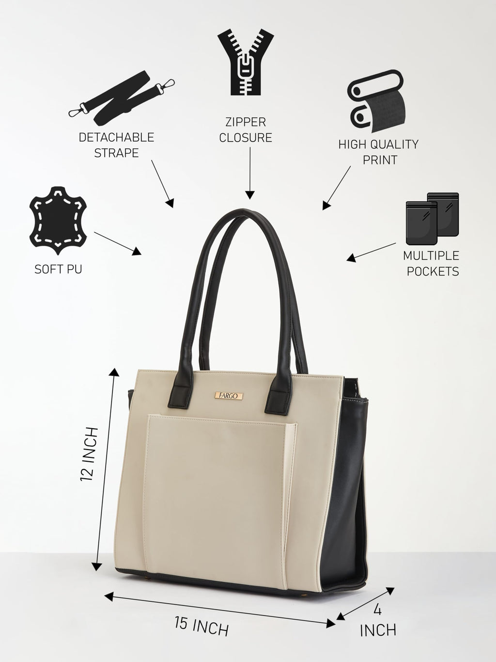 Fargo Amara Vegan Leather Tote Bag for Women | Laptop Compartment, RFID Pockets, YKK Zipper, Large Office Handbag | Shoulder Bag for College & Daily Use | Made in India (Ivory)