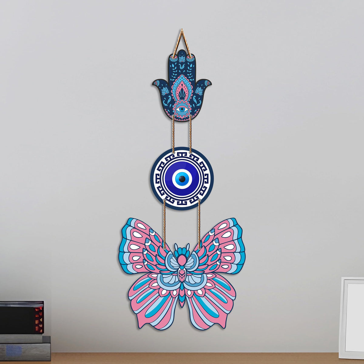 Artvibes Hamsa Hand Butterfly Evil Eye Wall Hanging for Home Entrance | Protective MDF Wall Decor | Decorative Art for Living Room | Bedroom | Office & Main Door | Gift Item (WH_8583N)