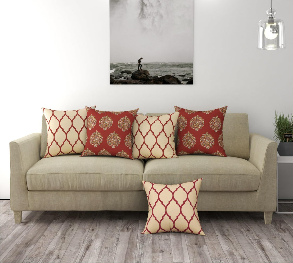 Trance Home Linen Set of 5 Premium 100% Cotton 16x16 inch Cushion Covers Only for Sofa and Diwan|Throw Pillow/Small Cushion Pillow Covers 16x16 inch| 40cmx40cm, Dori & Damask Clay Red Set of 5-180 TC