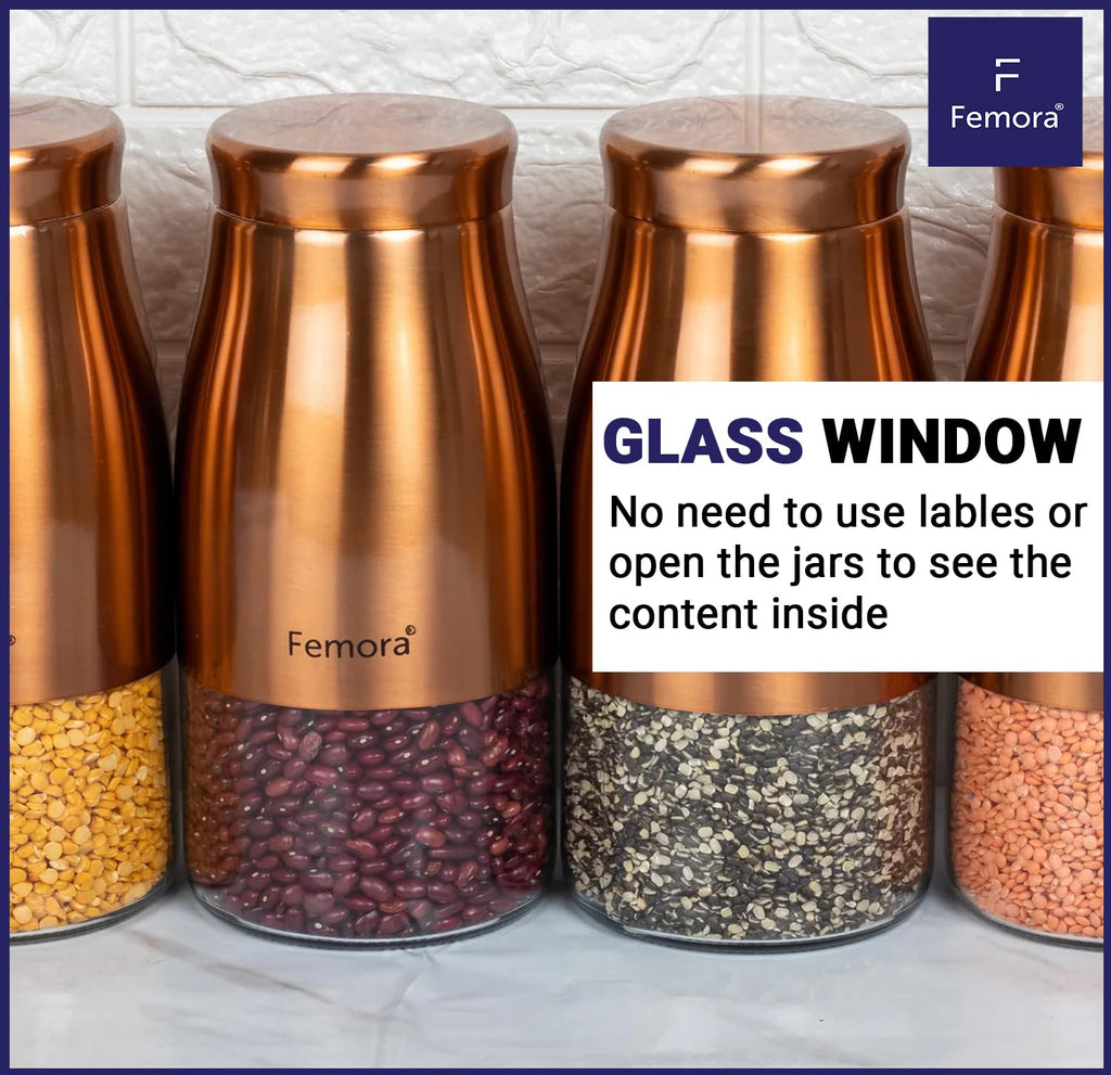 Femora Copper Metallic Clear Glass Jars | See Through Bottom Jar | 1 Year Warranty | Airtght | Jars for Snacks, Fry Food, Masala, Spice, Pickles, Cookies |900 ML | Set Of 6 | Copper