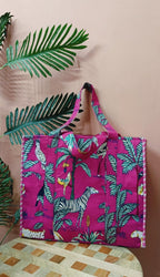 HOUSE OF GULAB Cotton Tote Bag Reusable Shopping Bag Printed Cloth Carry Bag with Long Handle Eco Friendly Grocery Storage Travel Bag for Men & Women 15x18 Inch (Dark Pink)