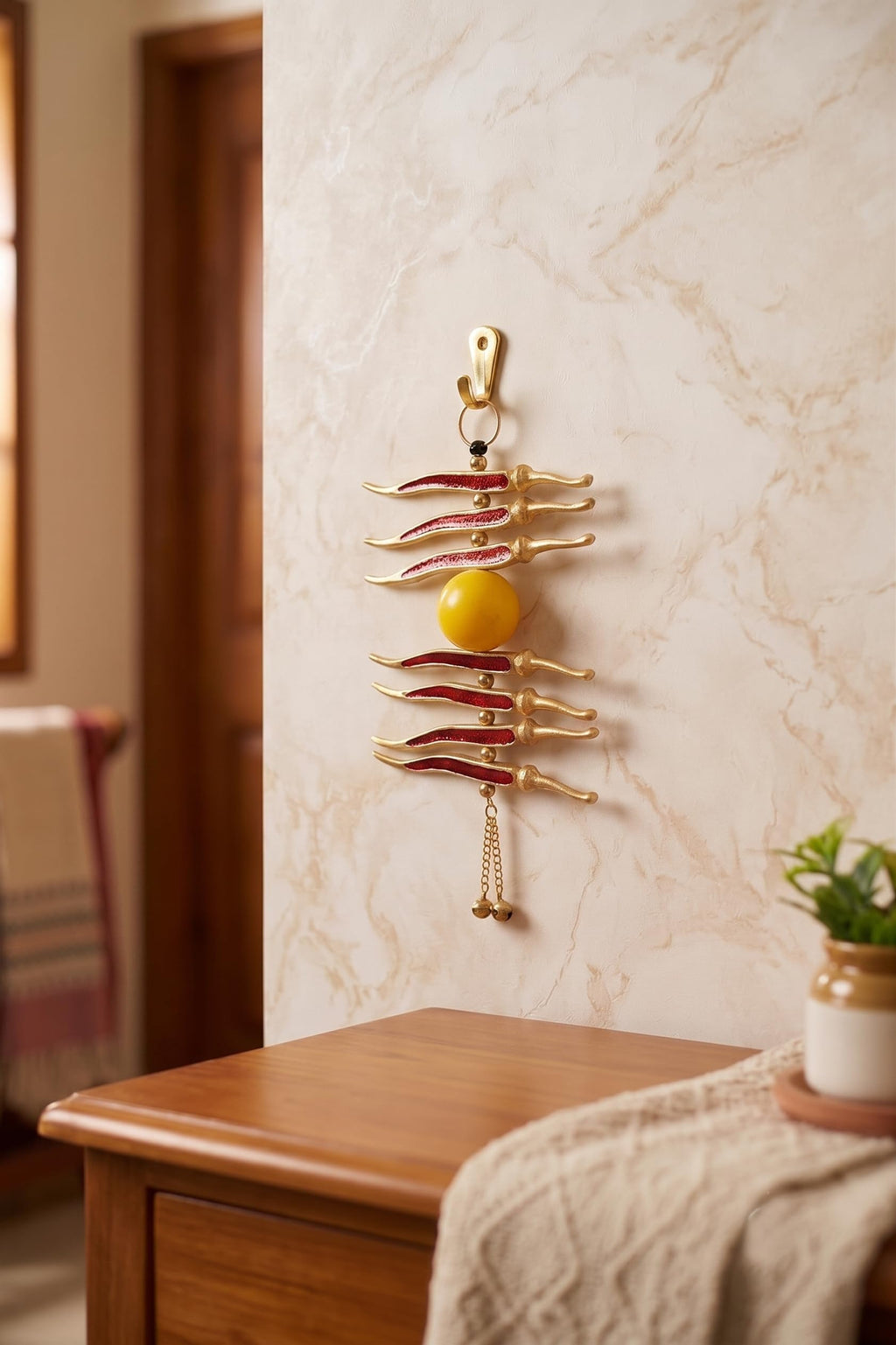KridayKraft Metal Nimbu Mirchi Good Luck Hanging - Gold Plated Multicolour Lemon and Chili Decorative Showpiece for Entrance, Vastu, and Nazar Battu.