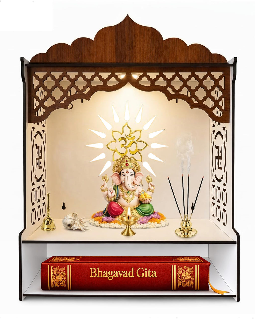 DEXORO Dual Tone Wooden Temple for Home (22 x 16 x 8.5 Inch) | White Interior Pooja Mandir with LED Light | Wall Mounted & Tabletop with Storage