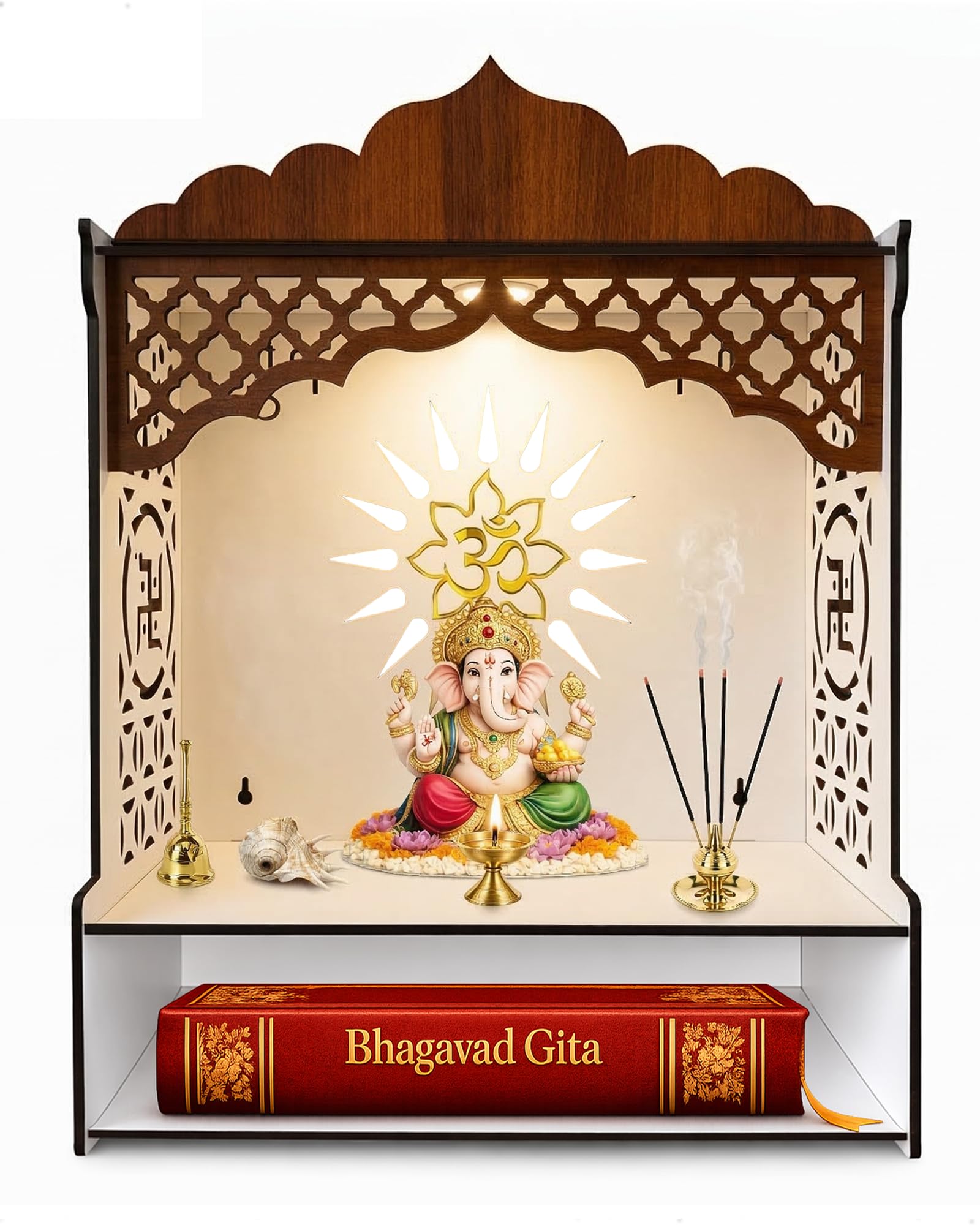 DEXORO Dual Tone Wooden Temple for Home (22 x 16 x 8.5 Inch) | White Interior Pooja Mandir with LED Light | Wall Mounted & Tabletop with Storage
