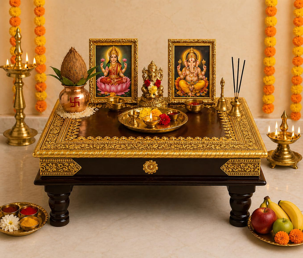 Kamdhenu Art and Craft Wooden Chowki | Floral Brass Fitted Decorative Bajot for Sitting Pooja Temple (Gold 15)
