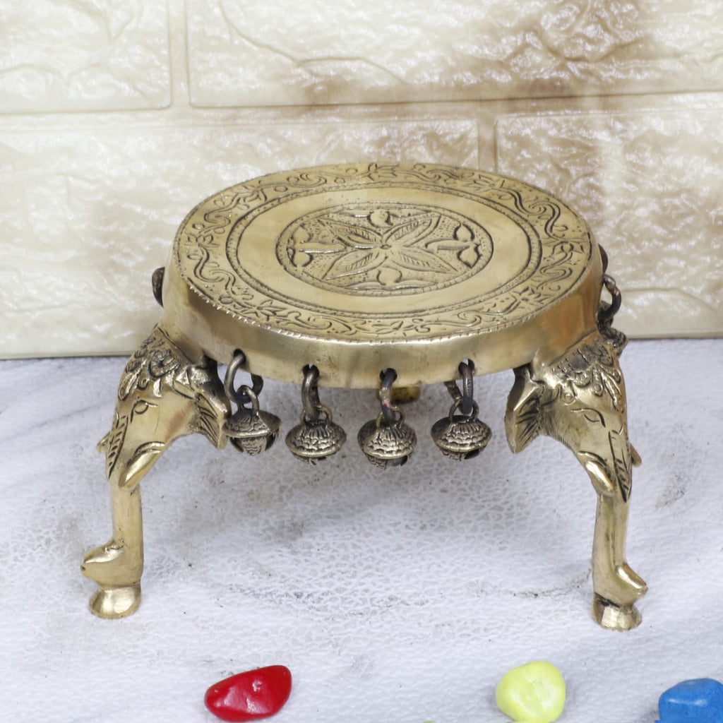 Artvarko Elephant Pillars Design Pooja Brass Chowki Round Table with Hanging Bells 5 Inch