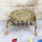 Artvarko Elephant Pillars Design Pooja Brass Chowki Round Table with Hanging Bells 5 Inch